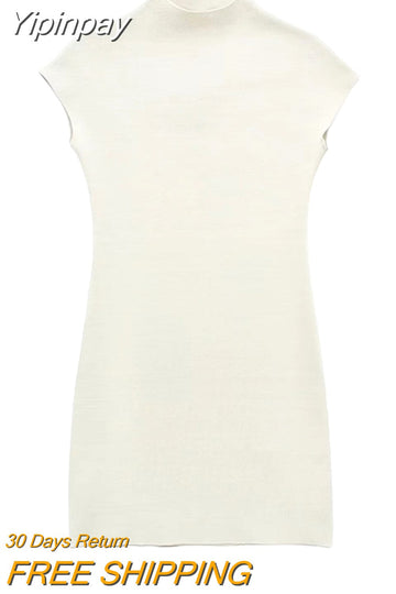 Yipinpay 2023 Knitted Dresses For Women Beige Mini Bodycon Dress Women Sleeveless Elegant Sexy Short Dresses Woman Party Dress